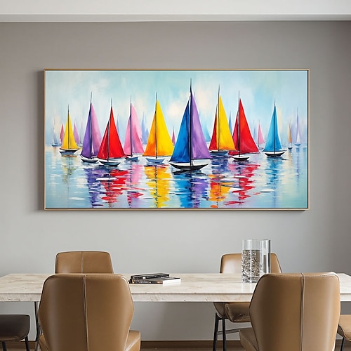 tela colorata con barche a vela, pittura murale, club velico, decorazione murale, poster di barche a vela, pittura a vela, barca a vela, arte nautica, pittura di barche, paesaggio marino, decorazione