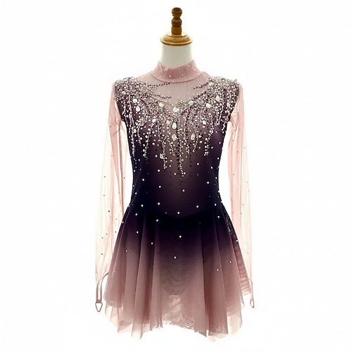 Eiskunstlaufkleid Damen Eislaufen Kleid Dunkelrosa Patchwork Asymmetrischer Saum Spandex Netzstoff Hohe Elastizität Training Wettbewerb Eiskunstlaufkleidung Klassisch Kristall / Strass Langarm Image