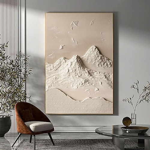 Originale weiß-beige Wandkunst, Berglandschaft, weiße 3D-Textur, minimalistische Gipsmalerei auf Leinwand, Wabi-Sabi-Wandkunst Image