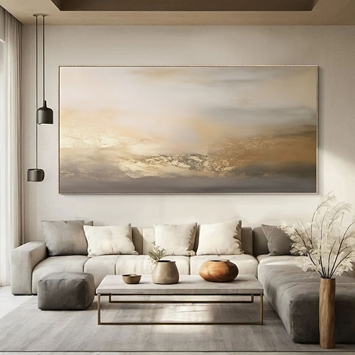 Ölgemälde, Goldmalerei, handgemalt, Vintage, gedeckte Landschaftsmalerei, großes beiges Wandbild, abstrakte Meereslandschaft auf Leinwand, handgemaltes Landschaftsgemälde, rustikale Dekoration Image