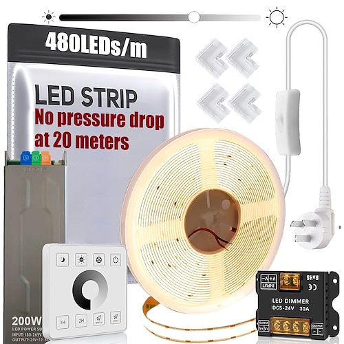24V COB-LED-Streifen-Set, 20 m (65,6 ft), dimmbar, weiß, kürzbar, kein Druckabfall, CRI 93, für Schlafzimmer- und Innendekoration, optional mit Fernbedienung und Netzteil Image
