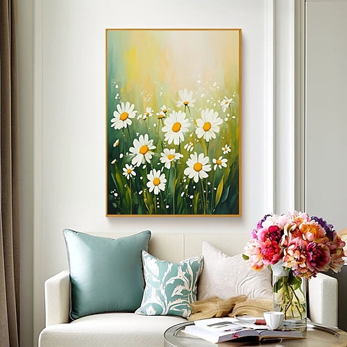 Ölgemälde, handgemalt auf Leinwand, Wildblumenwiese, strukturiertes Gänseblümchenfeld, Wandkunst, Frühlingsblumen-Wandkunst, handgemaltes Naturkunstwerk, Wohnzimmerwandkunst Image