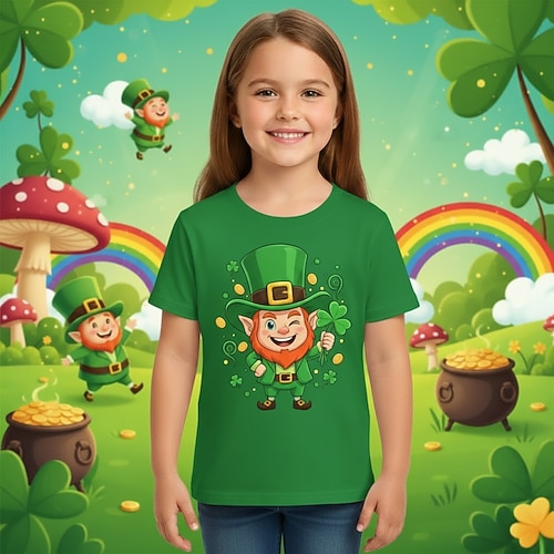 100% Baumwolle St. Patrick's Day Kinder Mädchen Blau Schwarz Weiß St. Patricks Day St. Patricks Elfe T-Shirt Rundhalsausschnitt Kurzarm Urlaub Sport Outdoor Alltagskleidung Aktiv Urlaub Lässig Image