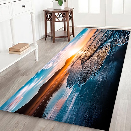Flurläufer mit Strandmotiv, Flanellstoff, bedruckt, Heimdekoration, Eingangsbereich, staubdichte Fußmatte, saugfähiges, weiches Badezimmerkissen Image