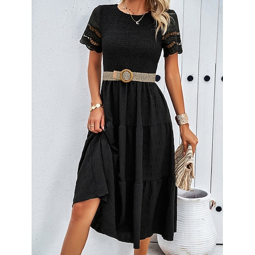 Damen Midikleid A Linie Kleid Sommerkleid Lässig Täglich Normale Passform Einfach Kurzarm Rundhalsausschnitt Schwarz Weiß Braun Grün Sommer Frühling Image