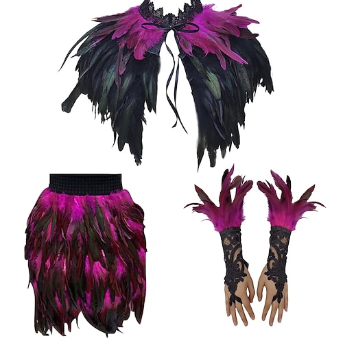 Karneval 2026 Rio Karneval Samba Zubehör 3Teile Damen Feder Kostüm Set Gothic Feder Umhang Minirock Lange Spitzen Handgelenk Manschetten Brasilien Festival Aufführung Kostüm Image