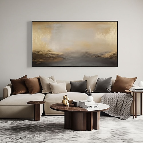 Ölgemälde, Goldmalerei, handgemalt, Vintage, gedeckte Landschaftsmalerei, großes beiges Wandbild, abstrakte Meereslandschaft auf Leinwand, handgemaltes Landschaftsgemälde, rustikale Dekoration Image