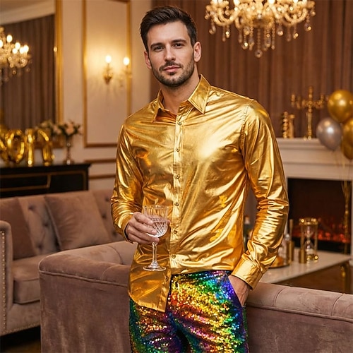 Retro Vintage 1980er Glänzend Metallisch Hemd Disco Einfarbig Umlegekragen Kostüm Herren Karnevalskostüm Karneval Club Leistung Pride Parade Erwachsene Hemd Ganzjahres Image