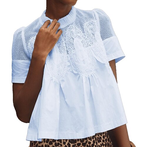 Damen Hemd Bluse Spitze Einfach Stilvoll Modern Lässig Kurzarm Hemdkragen Normale Oberteile Täglich Ferien Ausgehen Schwarz Weiß Rosa Rote Himmelblau Sommer Frühling Image