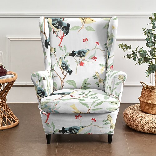 Ohrensesselbezug mit floralem Streifenmuster und geometrischem Print, Polyester-Überzug, kompletter Bezug, moderner faltbarer Stuhlbezug im koreanischen Stil, Sitzschutz, Sesselbezug Image