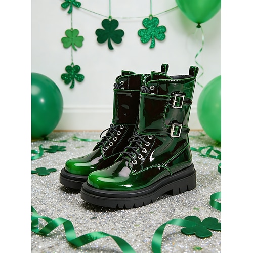 Grüne Lackleder-Kampfstiefel für Damen mit Schnallendetail und klobiger Sohle, auffällige Stiefel für den St. Patrick's Day, geeignet für Festivals, Paraden, lässigen Streetstyle und Outdoor-Abenteuer. Image