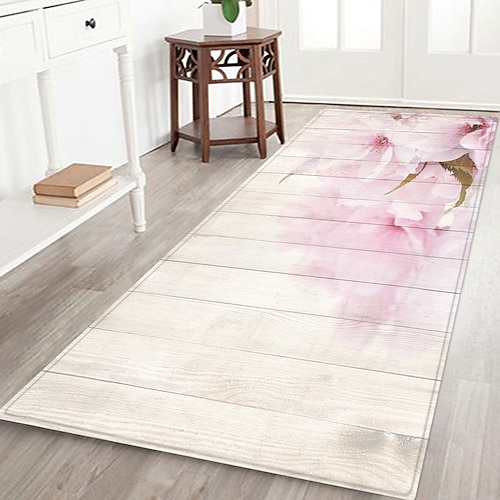 Flurläufer mit Pflanzen- und Blumenmuster aus Holz, bedruckter Flanellstoff, rutschfeste, weiche Fußmatte für Eingangsbereich, Badezimmer, Heimdekoration Image
