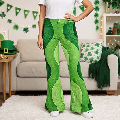St. Patrick 2026 Retro Vintage 1970er Hose Hose mit weitem Bein Hippie Disco Hohe Taille Kostüm Damen St. Patrick's Day Party Festival Erwachsene Hose Image
