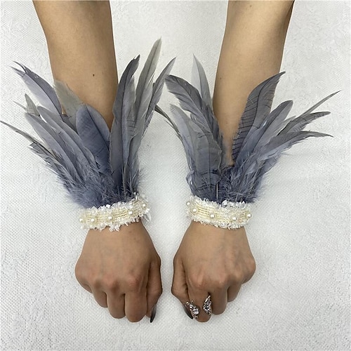 Karneval 2026 Rio Karneval Samba Zubehör Damen Grün Feder Handgelenk Manschetten mit Weiß Perlen Spitze Brasilien Festival Aufführung Kostüm Image