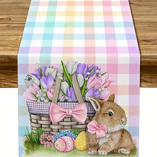 Tischläufer mit Osterhasenmotiv, 33 x 180 cm, Aquarell-Haseneier und Blumen, Frühlings-Tischdekoration für Esszimmer und Küche, rustikaler Leinen-Tischläufer für festliche Anlässe im Landhausstil Image