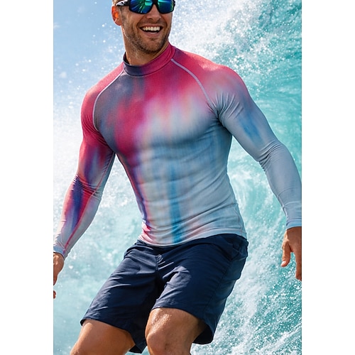 Herren Anti UV Shirt T-Shirt zum Schwimmen Farbverlauf UPF50 UV Schutz Schnelltrocknend Langarm Bademode Schutz gegen Hautausschlag Surfen Kanufahren Strand Sommer Image