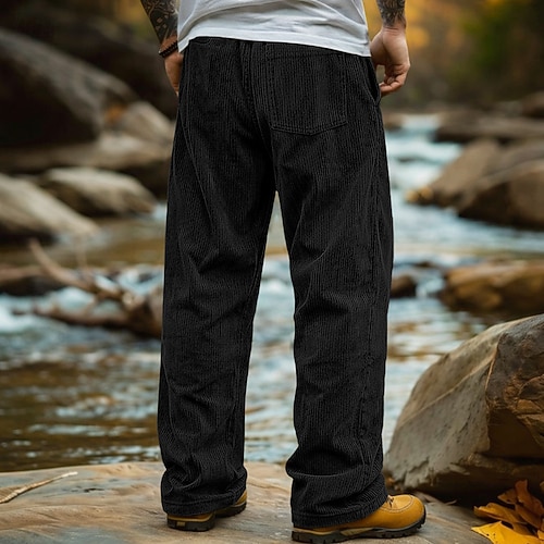 Herren Hose Cordhose Freizeithose Kordelzug Elastischer Bund Einfarbig Komfort Volle Länge Täglich Outdoor Streetwear Mode Klassicher Stil Blau Schwarz Mikroelastisch Image