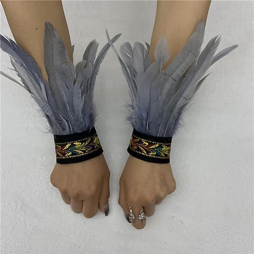 Karneval 2026 Rio Karneval Samba Zubehör Damen Schwarz Feder Handgelenk Manschetten mit Vintage Besticktem Band Brasilien Festival Aufführung Kostüm Image