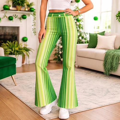 St. Patrick 2026 Retro Vintage 1970er Hose Hose mit weitem Bein Hippie Disco Hohe Taille Kostüm Damen St. Patrick's Day Party Festival Erwachsene Hose Image