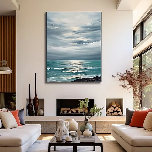 Abstraktes Gemälde, handgefertigt auf Leinwand, 100 % handgemaltes Ölgemälde, Sonnenaufgang, Meereswellen, Landschaft, strukturiertes Kunstwerk, originelles abstraktes extra großes Wandbild für Image
