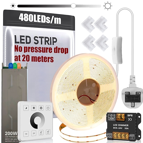 24V COB-LED-Streifen-Set, 20 m (65,6 ft), dimmbar, weiß, kürzbar, kein Druckabfall, CRI 93, für Schlafzimmer- und Innendekoration, optional mit Fernbedienung und Netzteil Image