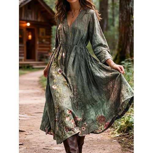 Damen Midi Kleid Boho Shift Kleid Lässig Urlaub Ausgehen Reguläre Passform Florales Grafik Lange Ärmel V-Ausschnitt Blau Dunkelrot Grün Dunkelblau Sommer Frühling
