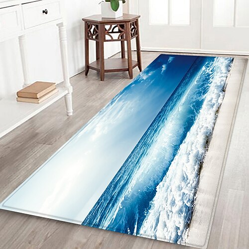 Flurläufer mit Strandmotiv, Flanellstoff, bedruckt, Heimdekoration, Eingangsbereich, staubdichte Fußmatte, saugfähiges, weiches Badezimmerkissen Image