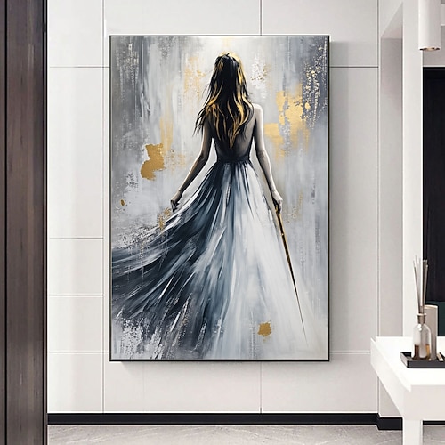 Handgemaltes abstraktes Ölgemälde einer Ballerina mit Textur, figurative Darstellung eines tanzenden Mädchens, Wandbild, extra großes grau-goldenes Gemälde, impressionistisches dekoratives Ölgemälde Image