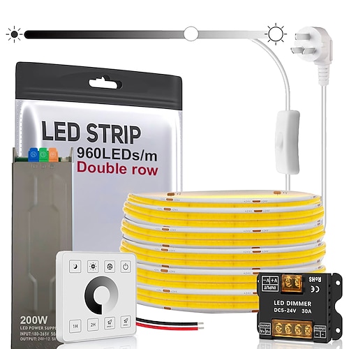 24-V-Doppelreihen-COB-LED-Streifen, 2,5 m (8,2 ft) / 5 m (16,4 ft), warmweißes, natürliches Licht, CRI 95, 960 LEDs/m, 190 W Hochleistungs-LED-Bandlampe mit optionalem Controller und Netzteil für den Image