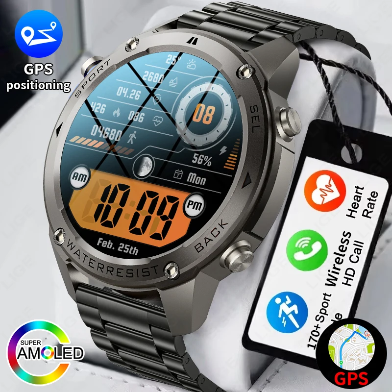 LIGE Neue Dual-Band Satellite GPS Sport Smart Uhr Männer 1,43 ''HD Bildschirm Herzfrequenz Kompass 5ATM Wasserdichte schwimmen Smartwatch Image