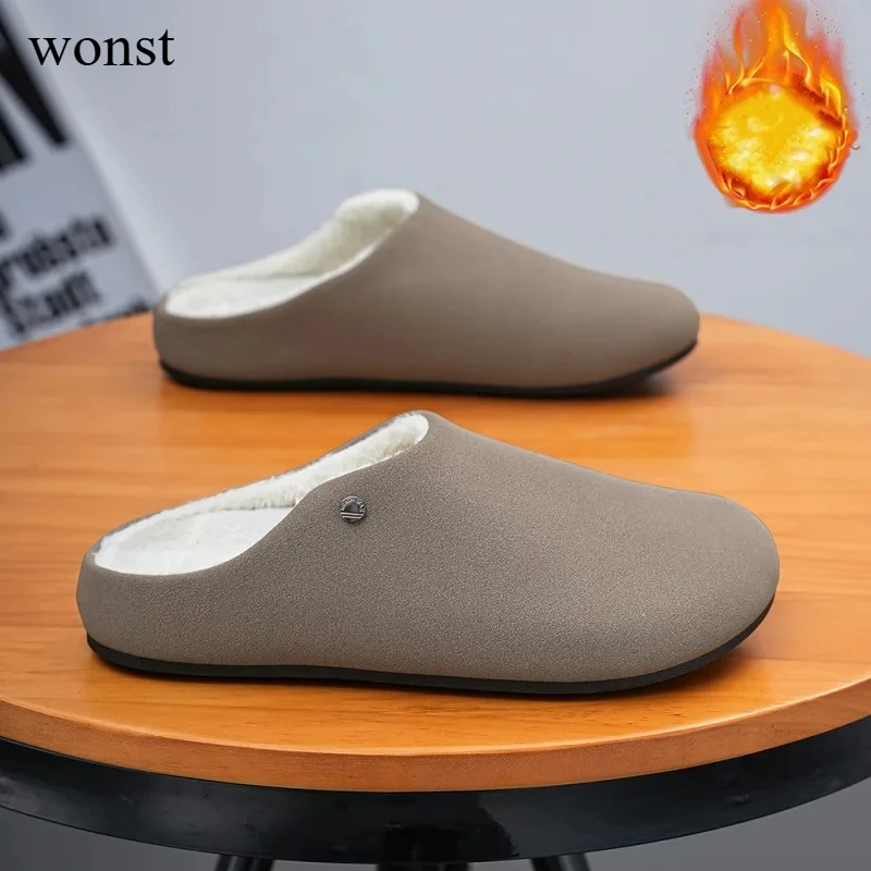 Winter männer Halbe Schuhe mit Fell Warme Baumwolle Hausschuhe Nicht-slip Indoor Hause Schuhe Komfort Casual Schuhe Frauen Slip-on Faul Schuhe