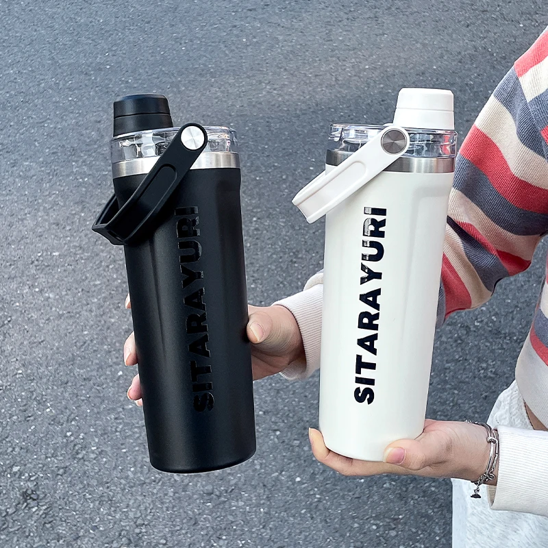 1 Stück 800 ml isolierte Wasserflasche mit magnetischem Deckel, minimalistischer Wasserbecher mit Briefdruckgriff, isolierter Becher für Büro und Outdoor Image