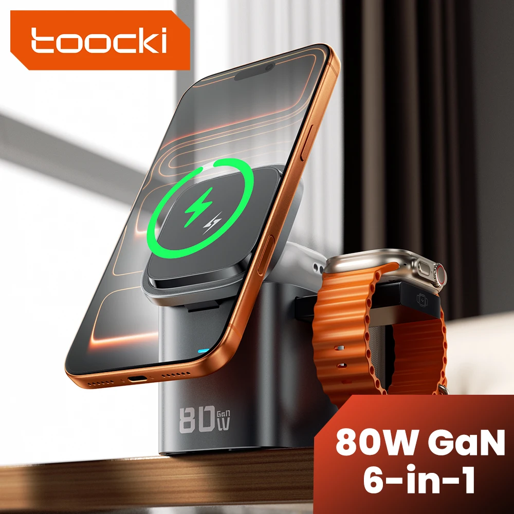Toocki 80 W 6-in-1 magnetisches kabelloses Ladegerät 15 W Schnellladung GaN USB-Ladestation für iPhone 17 16 15 Apple Watch AirPods Image