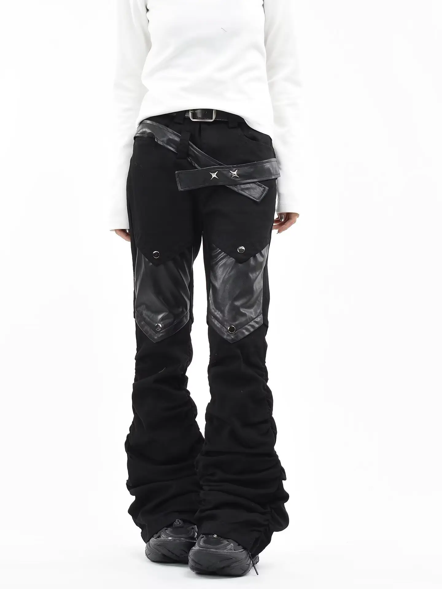 Y2K Street Wrinkle Stacking Stitch Retro Punk Rock Jeans American Herren High Street Micro La Curved Knife Show Dünne schwarze Hose Image