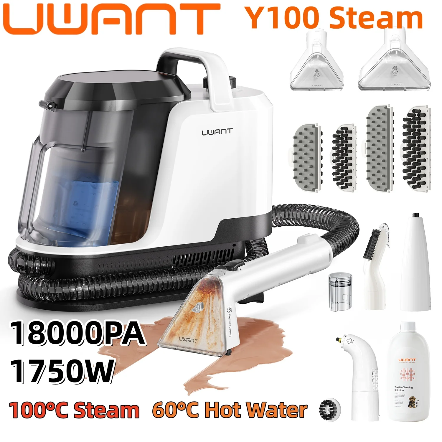 Uwant Y100 Dampfreiniger 18000Pa Teppichreiniger 1750W 100 ° C Steam 60 ° C Heißwasser-Selbstreinigungsgerät für Sofa, Auto, Schuhe, Tierhaare (Jetzt bestellen und kostenlosen Geruchsentferner-Stick