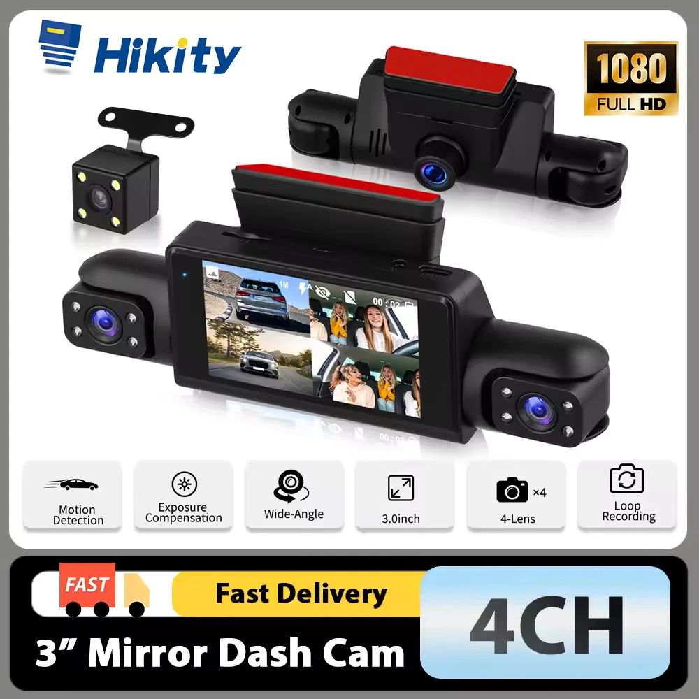 Hikity Dashcam mit Schleifenaufnahme, 3 Zoll 1080P IPS-Bildschirm, 4 Kameras, Nachtsicht-Videorekorder, Einparkhilfe, Auto-Kamera DVR Image