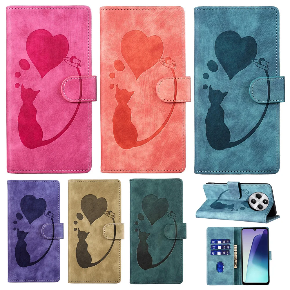 Leder Brieftasche Flip Fall Für Redmi 12 13 13C 14C 15 15C A3 A4 Hinweis 10 11 11S 12 13 14 Pro 4G 5G Telefon Abdeckung Schöne Katze 6 Farben Image