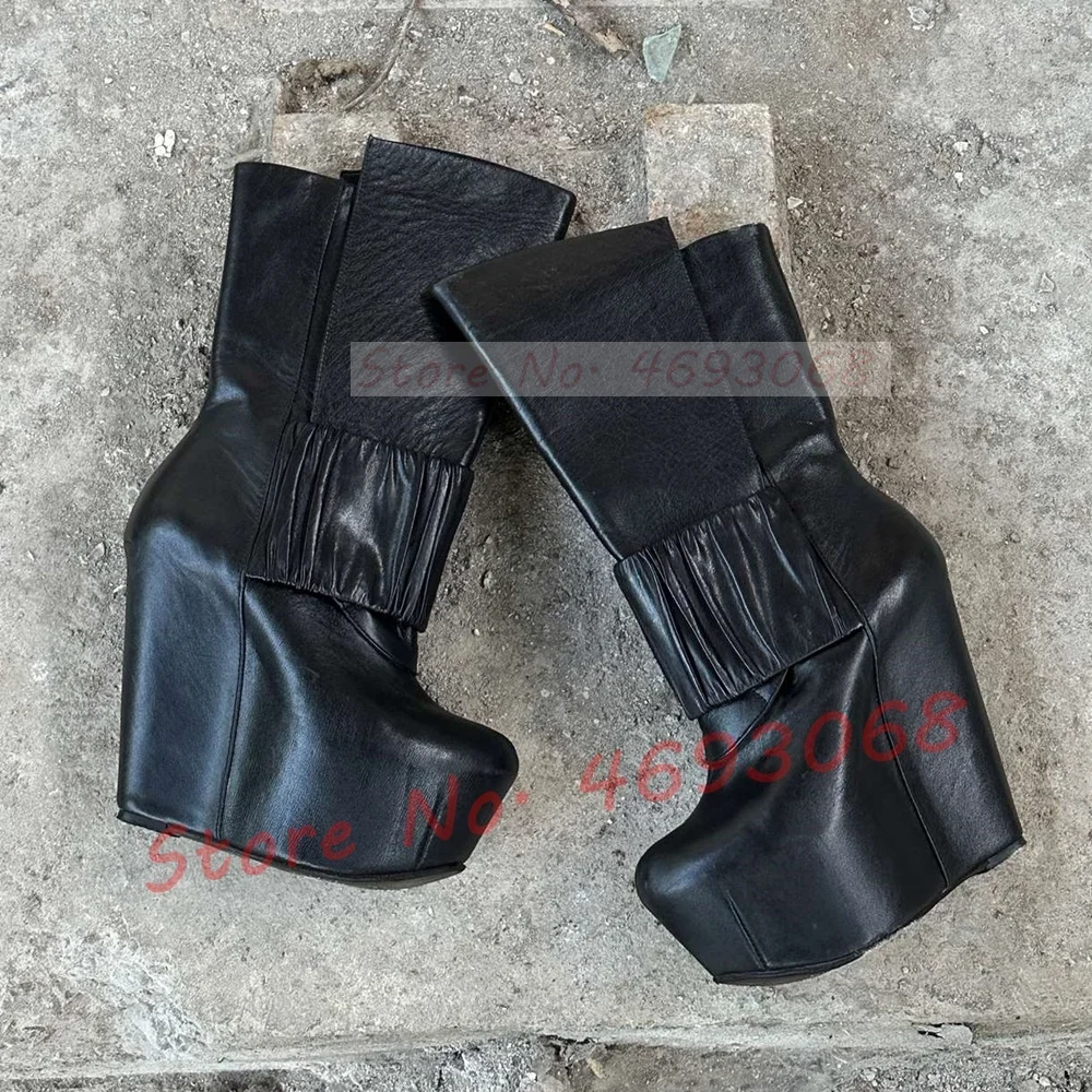 Schwarz Plissee Plattform Keil Mitte Wade Stiefel Frauen Runde Kappe Spleißen Leder Punk Stiefel Weibliche Trendy Britischen Stil Chunky Schuhe