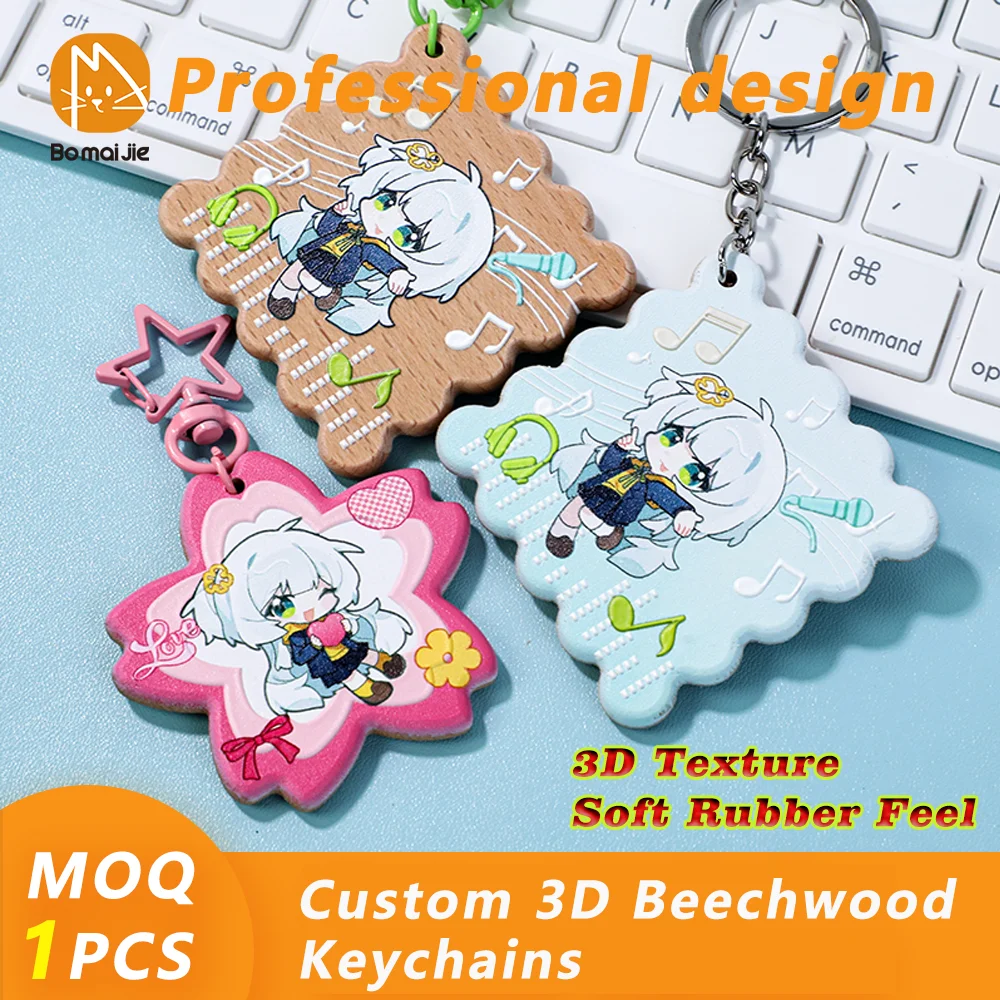 Benutzerdefinierte Schlüsselanhänger 3D Buchenholz Schlüsselanhänger Logo Cartoon Schlüsselanhänger Holz Schlüsselanhänger Foto Anime Charms individuelle Geschenke Image