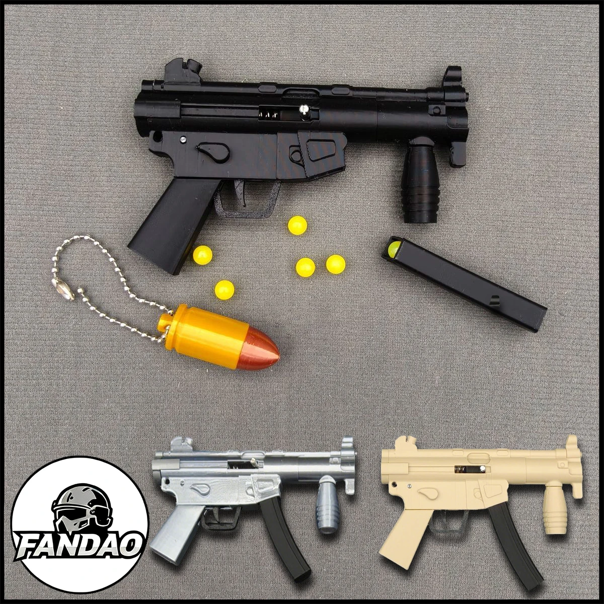 MP5-Mini-Schlüsselanhänger, feuerbar, winziger Schlüsselanhänger, Waffenform, Anhänger mit 50 Kunststoffkugeln, coole Schlüsselanhänger für Kinder, Herren, Soldat Image