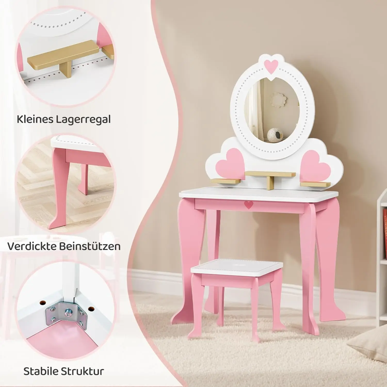 Schminktisch aus Holz mit Hocker, Schminktisch für Kinder mit abnehmbarem Spiegel, 2-in-1-Prinzessin-Schminktisch, Schreibtisch für Mädchen Image