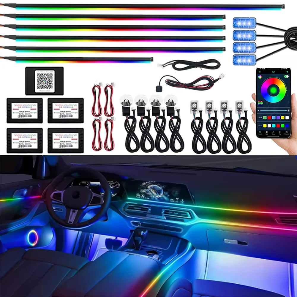 18-in-1 Dual Zone Symphony 64 Farben Streamer Auto Umgebungslicht RGB Innenraum Regenbogen Acryl Streifen Atmosphäre Beleuchtungsset App Image