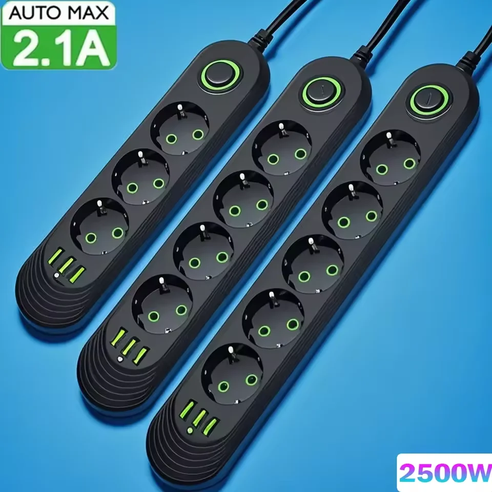 2 m Kabel, 2500 W, EU-Stecker, Steckdosenleiste mit 3 USB-Buchsen, Netzwerkfilter, runder Stift, AC-Steckdose, Verlängerungskabel, elektrischer Adapter Image