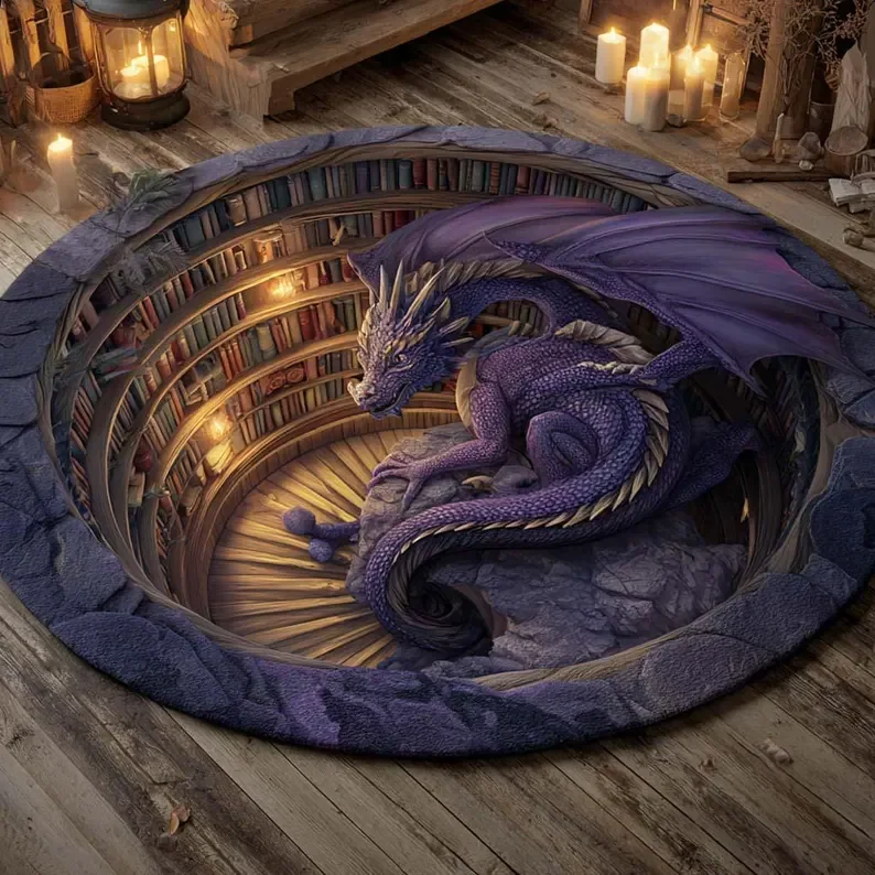 Fantasy Dragon 3D-gedruckter runder Teppich, Bibliothek, Drachenloch-Illusion, Bodenmatte, mystische Gothic-Heimdekoration, runder Teppich Image