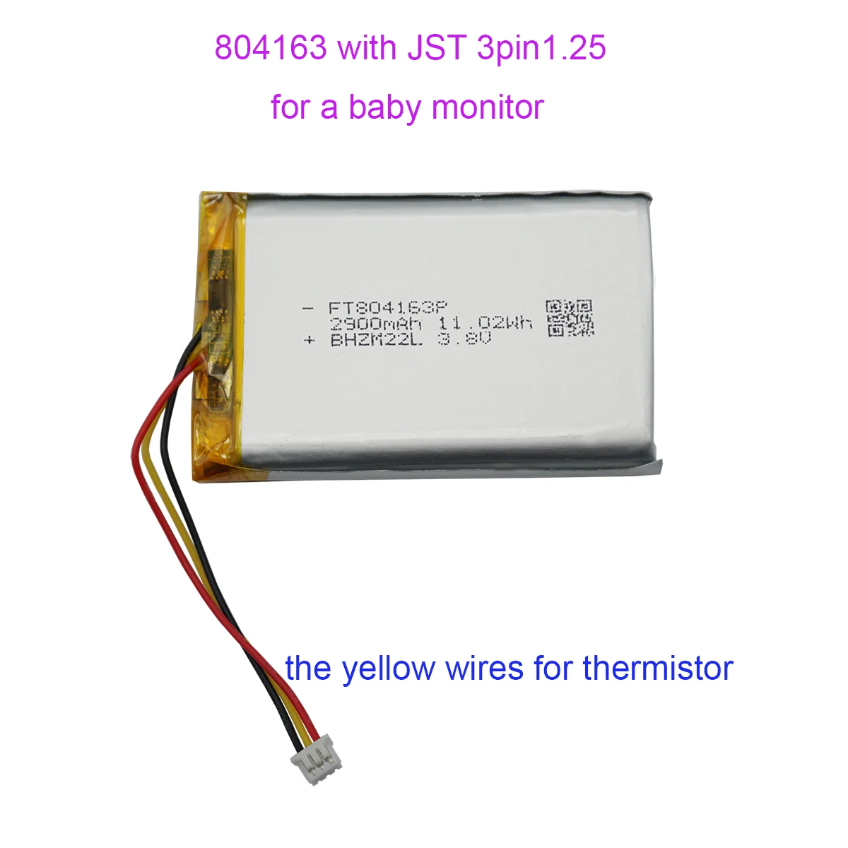 3,8 V 2900 mAh 11,02 Wh wiederaufladbare Li-Polymer Li Lithium Batterie FT804163P JST 3Pin1,25mm für Baby Monitor GPS Image
