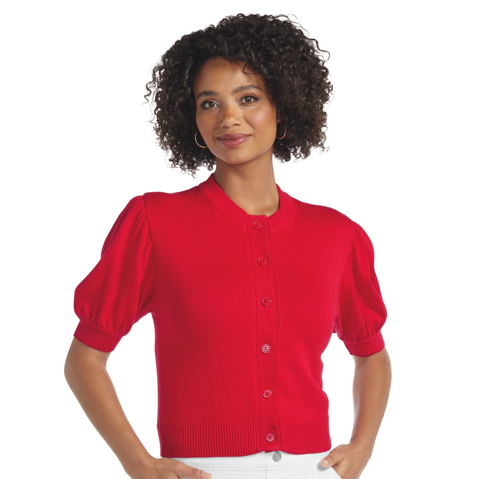 Masseys Puff Sleeve Sweater Cardigan (Size L) Cherry Red, Cotton