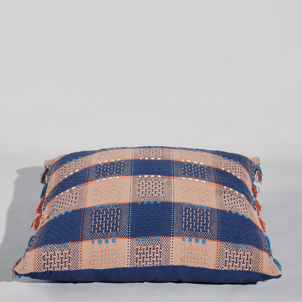 Coussin de sol en coton bleu et orange
