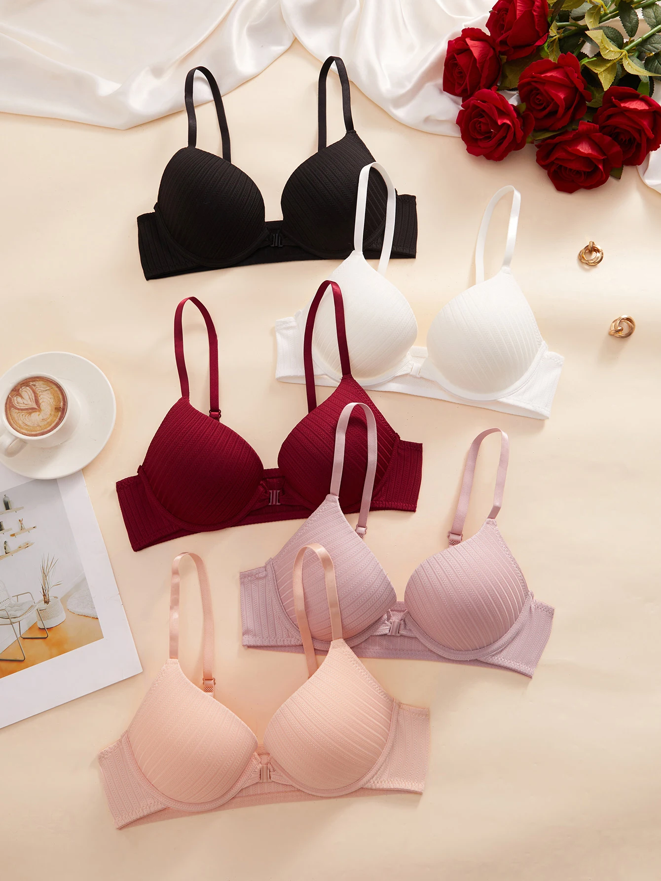 Lot de 3 ou 5 Soutiens-gorge Quotidiens Solides pour Femme, Fermeture Avant, Push-up, Sexy, Côtelés, Non Doublés, Doux, Lingerie Féminine