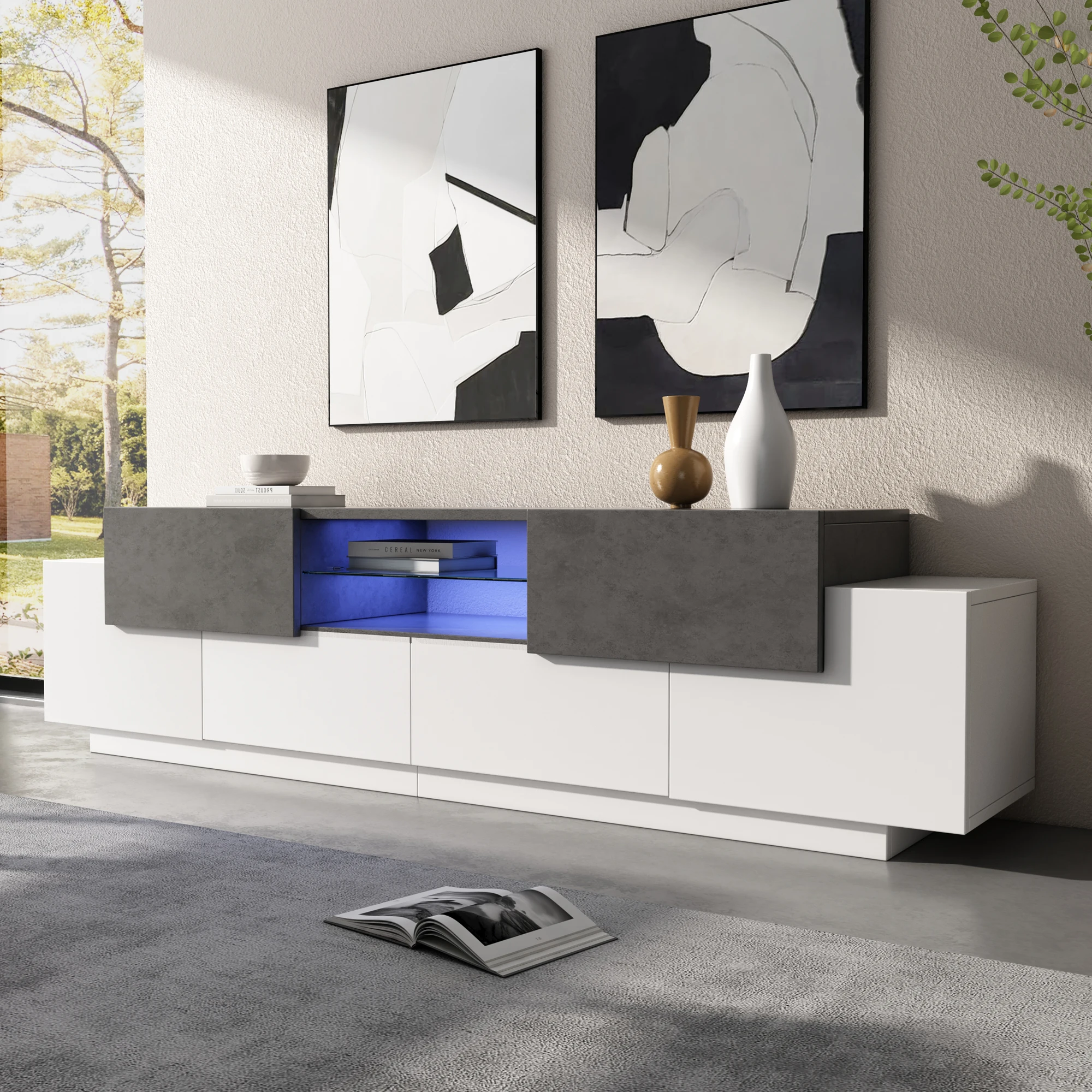 Mobile TV LED, supporto TV, lowboard, centro di intrattenimento TV moderno con ripiani in vetro per soggiorno, camera da letto, console TV con