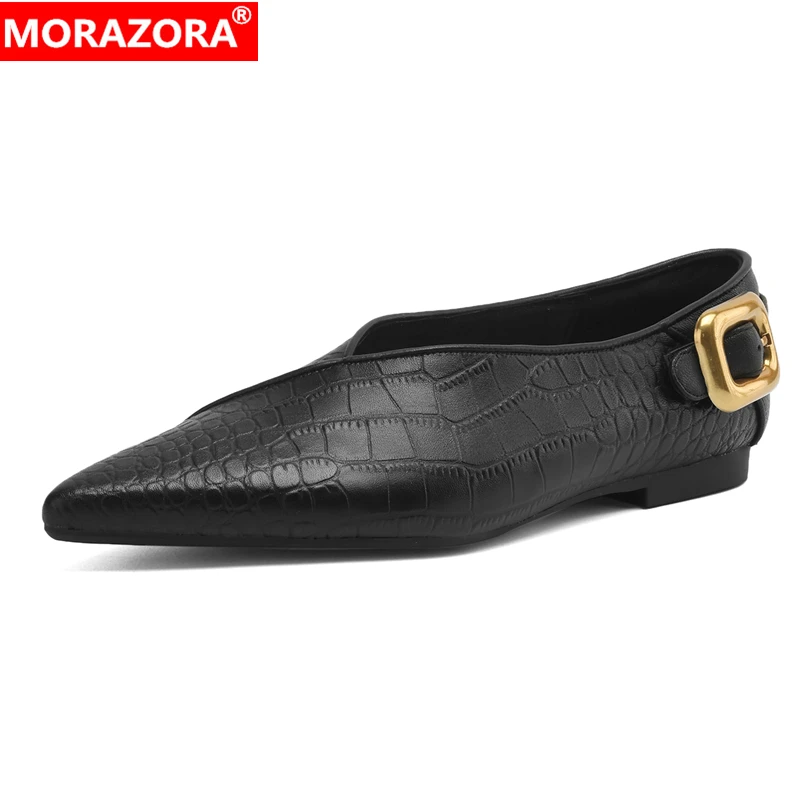 MORAZORA Size 34-43 Ins Genuine Leather Flats Women Pointed Toe Modern Shoes Leopard Flat Shoes Ladies Office Dress Shoes